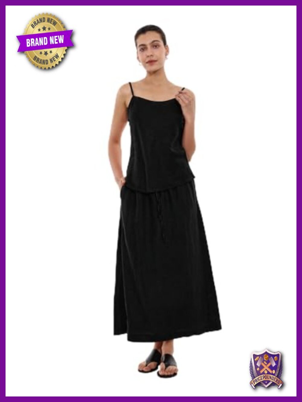 100% Linen Two Piece Set V-Neck Strap Top & Midi Skirt Summer Beach Vacation
